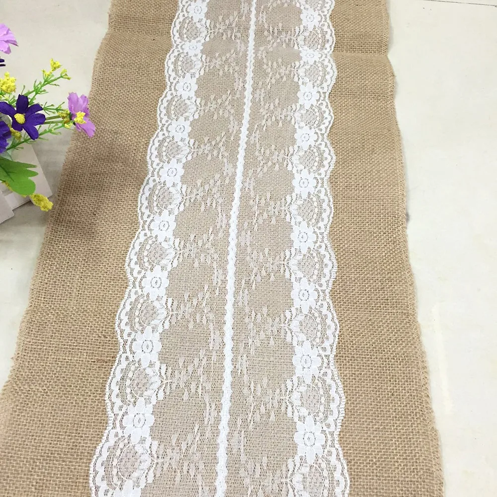 Vintage Burlap Jute Linen Table Runner Lace Cloth Dinning Room Table Gadget Home Decor Accessory E2S - Цвет: 30x180cm