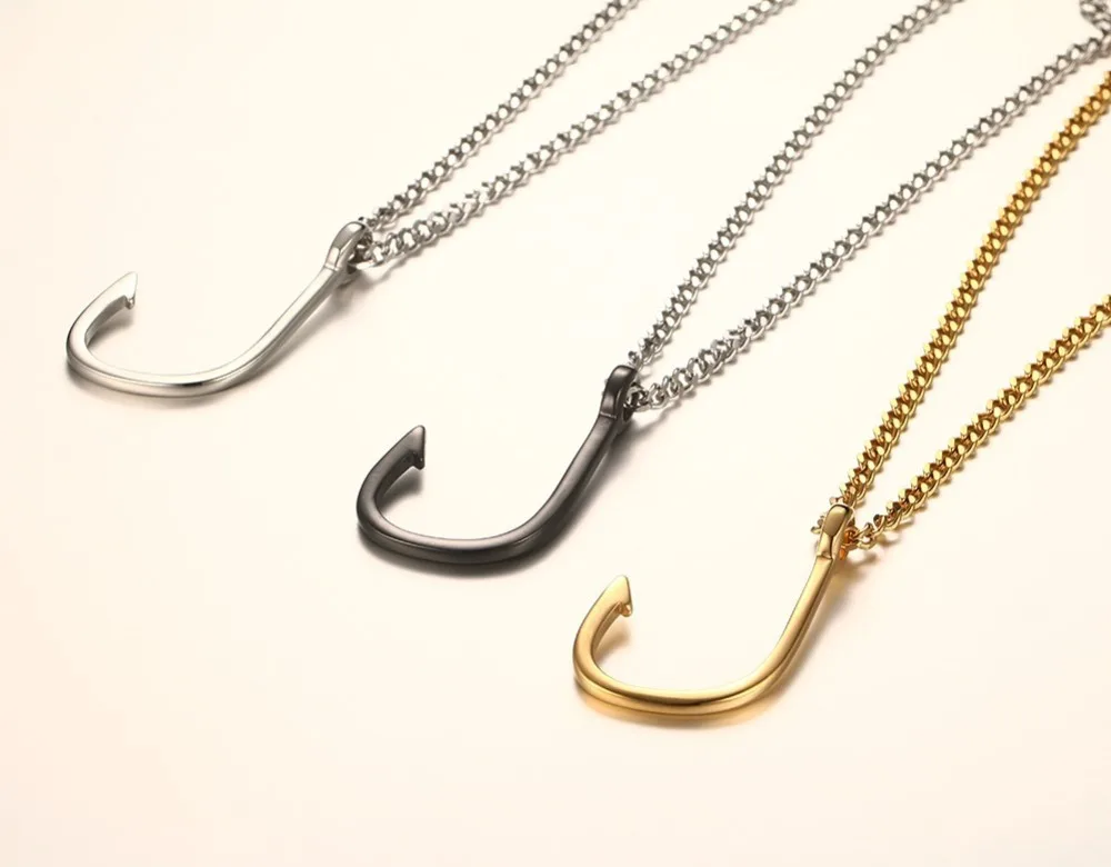 

Trendy Stainless Steel 3 Color Fish Hook Charm Pendants Necklace Men Jewelry 2017 Free Shipping