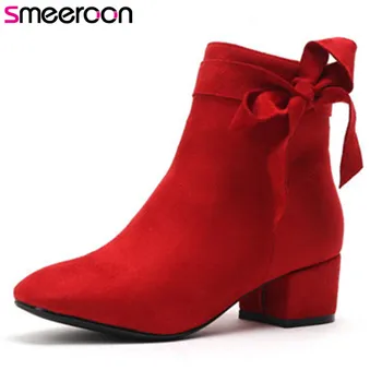

Smeeroon 2020 new arrival autumn winter boots women boots square toe zip high heels ankle boots for women prom shoes red