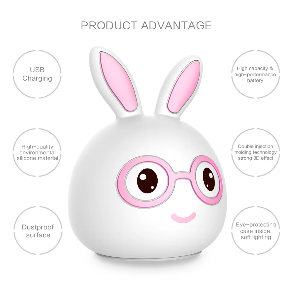 7 Colors LED Night Light Silicone Cute Cartoon Rabbit Rechargeable Decor Table Lamp Holiday Ambient Light for Girl Children Gift (5)