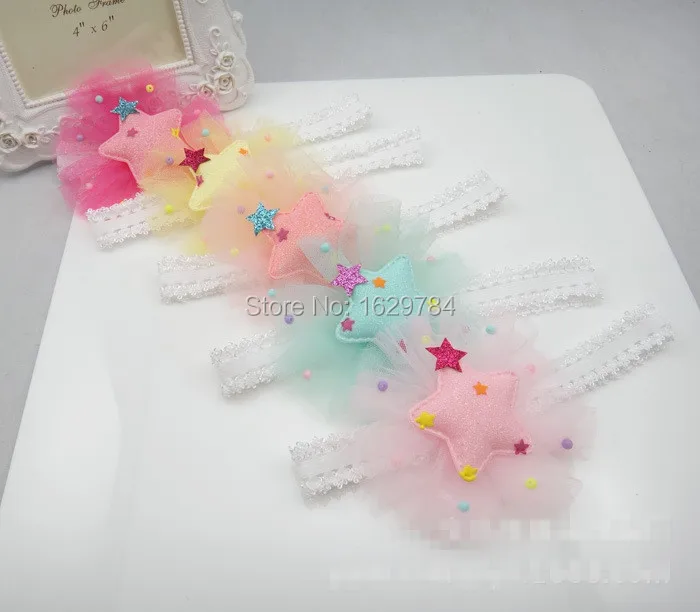 

Boutique 10pcs/5C Fashion Cute Glitter Star Soft Hairbands Solid Lace Floral Newborn Headbands Princess Hair Accessories