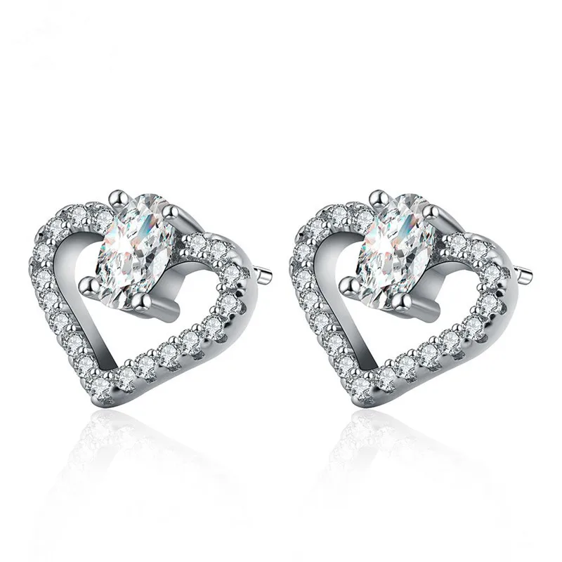 

VOJEFEN Heart Stud Fashion Earrings 925 Sterling Silver Mearrings Flash Fine Zircon Heart Earrings Women Girls Elegant Earring