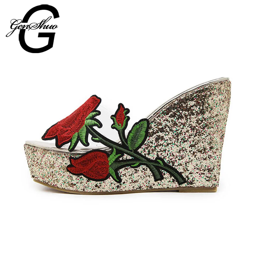 

GENSHUO Women Slipper High Heel Platform Shoes Women Leisure Slippers Sequin Outside Slides Ladies Beach Wedges Sandals Gold