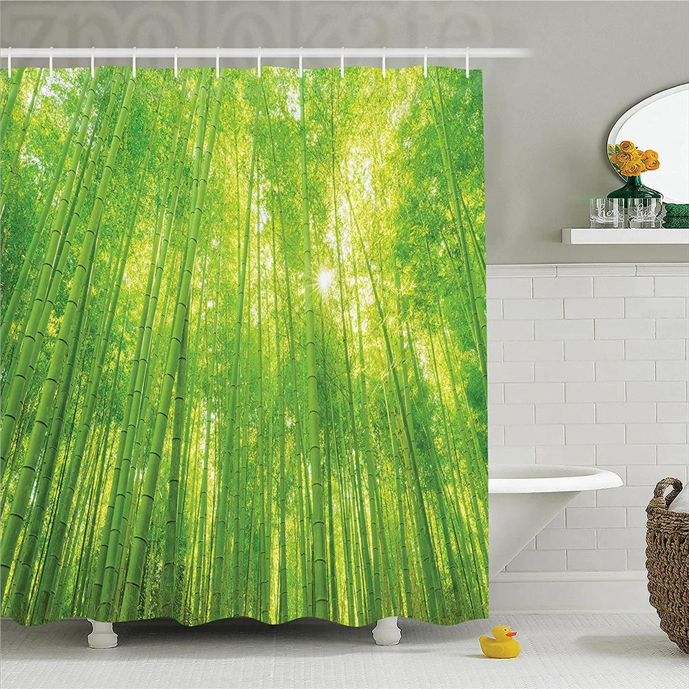 Bamboo Decor Shower Curtain Set Image of Bamboo Trees with Sunlight in Rainforest Exotic Wildlife Plants Nature Zen Decor Bathro