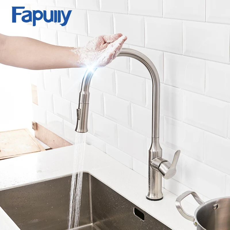 

Fapully Sense Automatic Kitchen Faucet Brushed Nickel Dual Out Pull Out Spray Sink Hot Cold Water Sink Smart Touch Sensor Tap