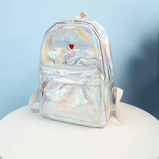 

Holographic Laser PU Backpacks Women Embroidery Travel Backpacks Silver Hologram Shiny School Bags For Teenager Girls