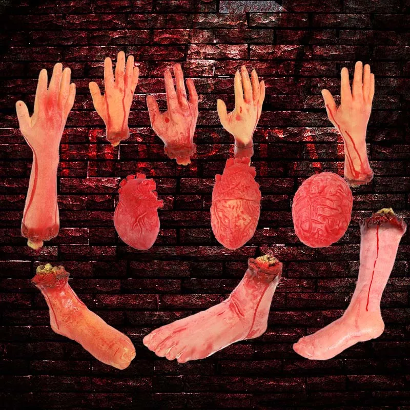 

Halloween Horror Props Bloody Hand Rubber Artificial Funny Scary Fake Finger Leg Brain Heart Halloween Party Decoration Supplies