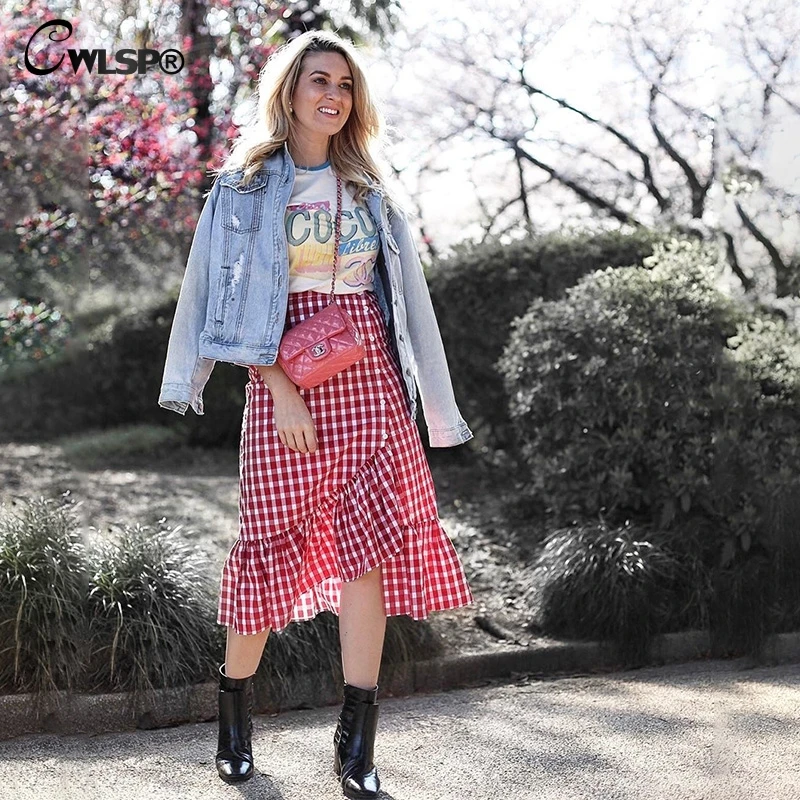 CWLSP New Red Plaid Ruffles Skirts 2018 Summer Sexy Asymmetrical Skirt Sweet Long Trumpet Skirt With Button Saia QZ2821