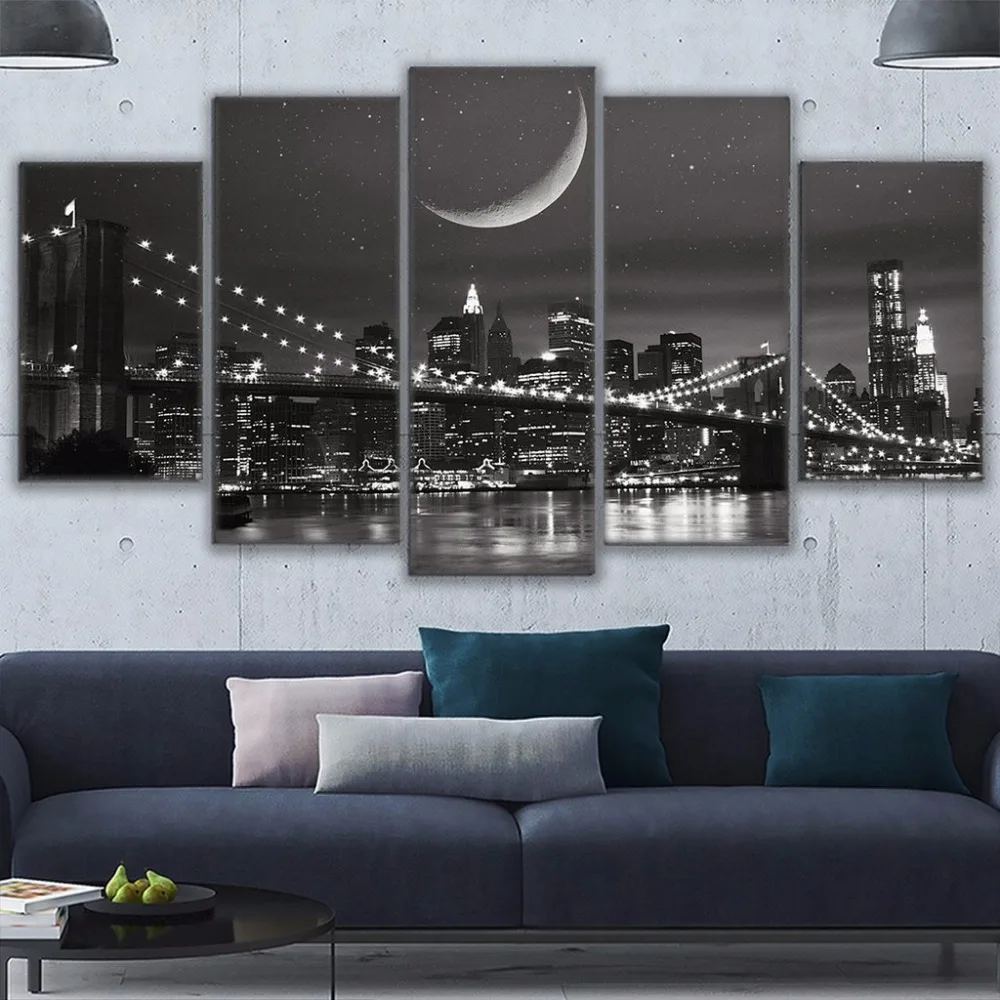 Картины на холсте модульная настенная художественная рамка домашний Декор 5 шт. Нью-Йорк Moonscape картинки HD принты Бруклин плакат с изображением моста PENGDA