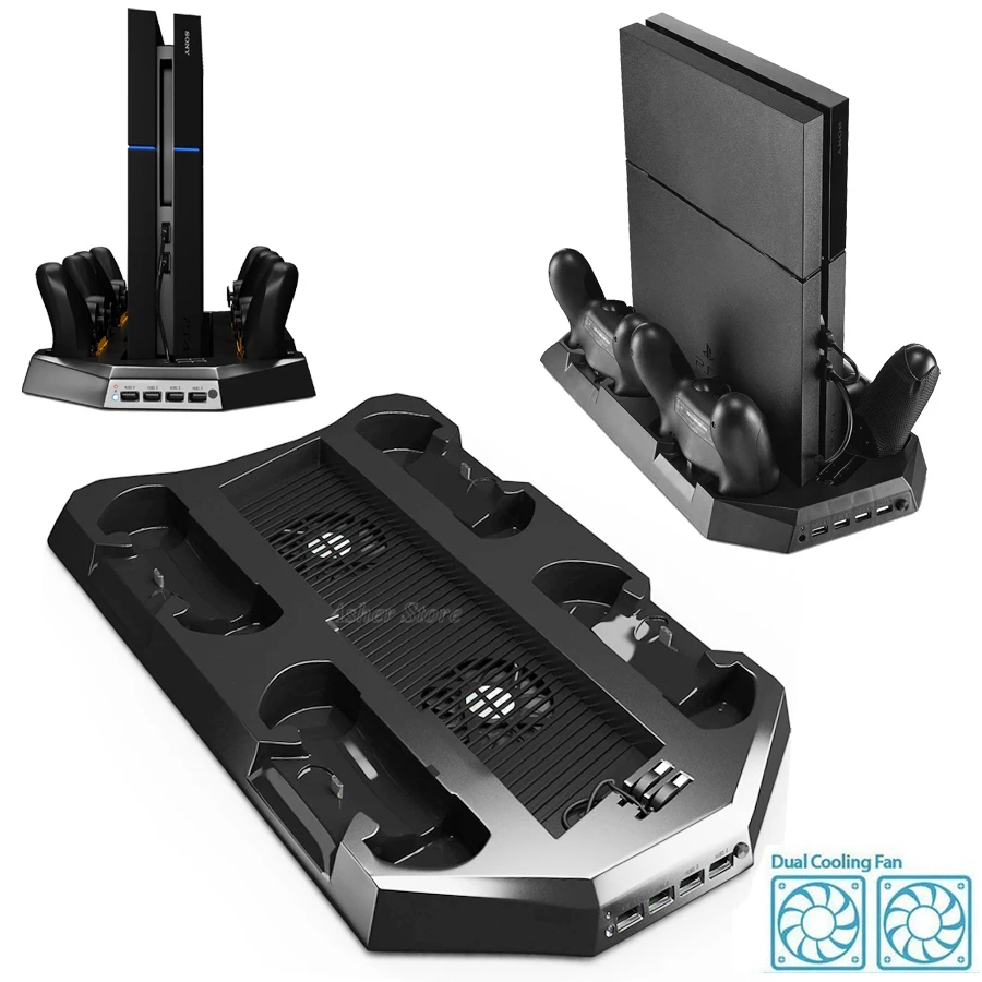 

PS4 Vertical Stand with 4 Controller Charger Charging Dock 2 Cooling Fan 4 HUB for Sony Playstation 4 Play Station PS 4 Console