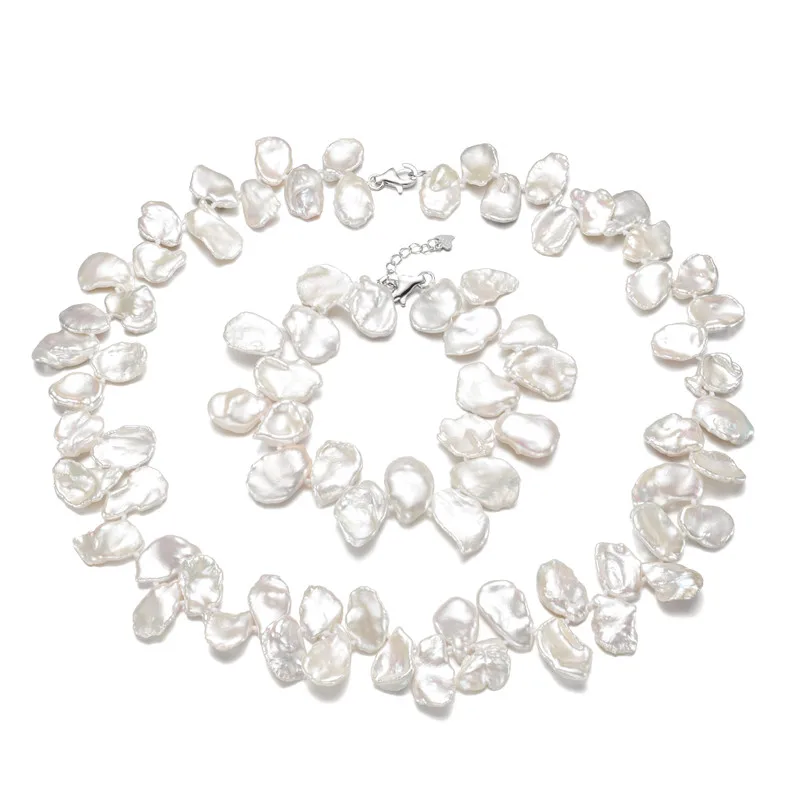 

SNH 12-14mm keshi 925 Silver 100% White Natural Freshwater pearl Jewelry Sets Real pearl Necklace Bracelet Jewelry Sets