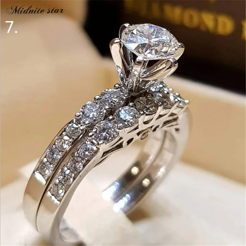Модное роскошное серебряное обручальное кольцо 925, Boho, женское Кристальное белое круглое кольцо, набор брендовых винтажных свадебных колец