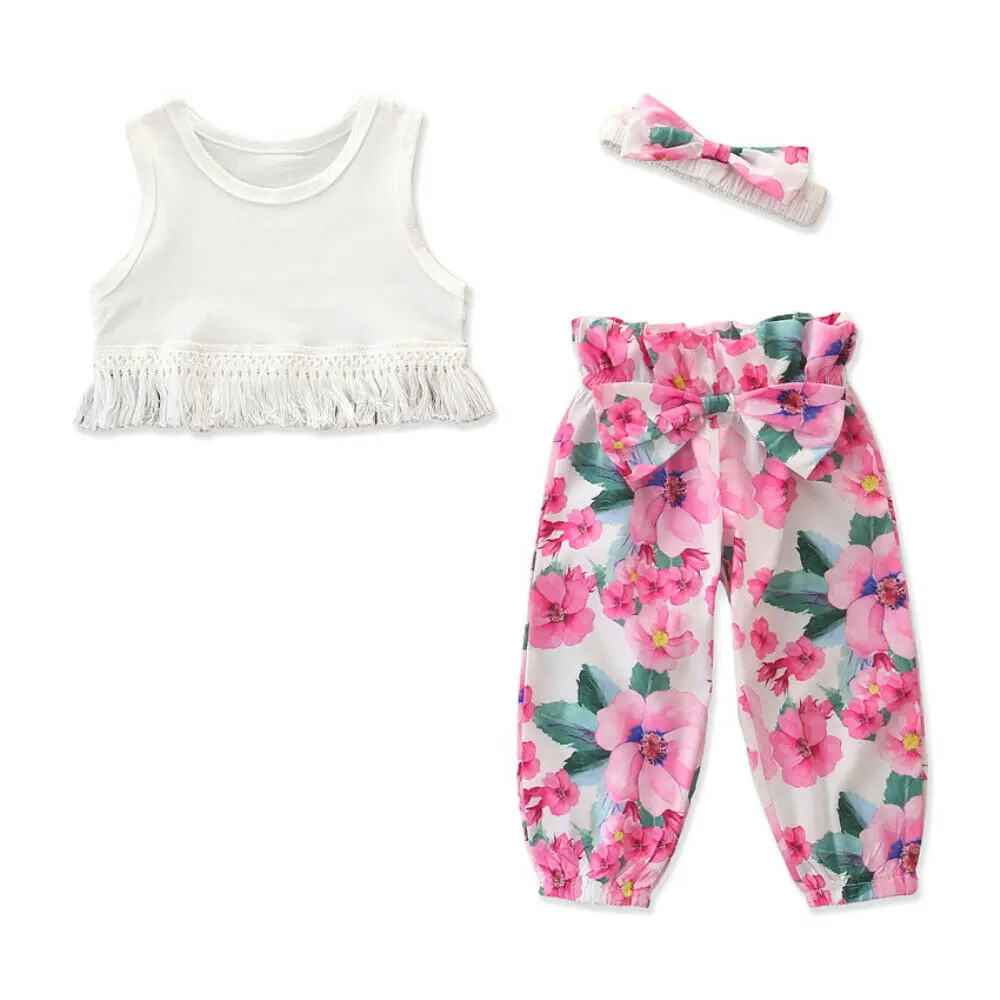 

2-7Y Summer Kids Baby Girl Tassel White Tank Tops Floral Long Pant Trouser Headband 3PCS Baby Girls Clothing Set