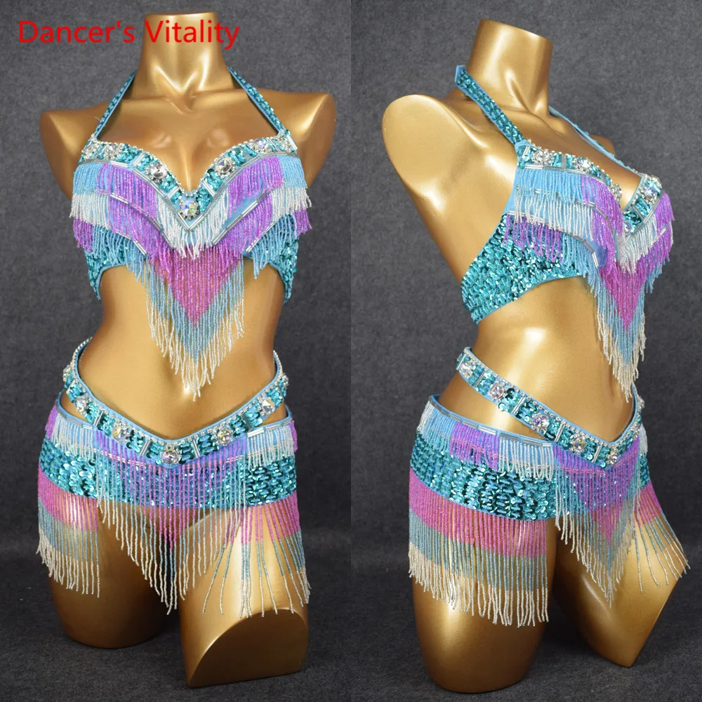 

Handmade Beaded Belly Dance Costume Wear Bra+Belt 2piece/ Set For Ladies Belly Dance Costumes Women Performance Dancing Wear