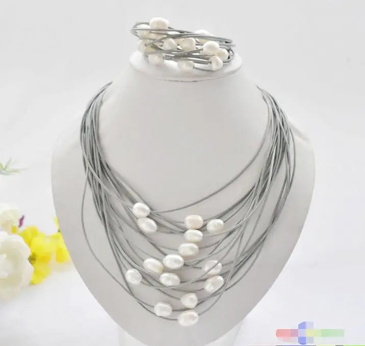 

Wholesale price 16new ^^^^P5219 15row 13mm white rice pearl gray leather necklace & bracelet