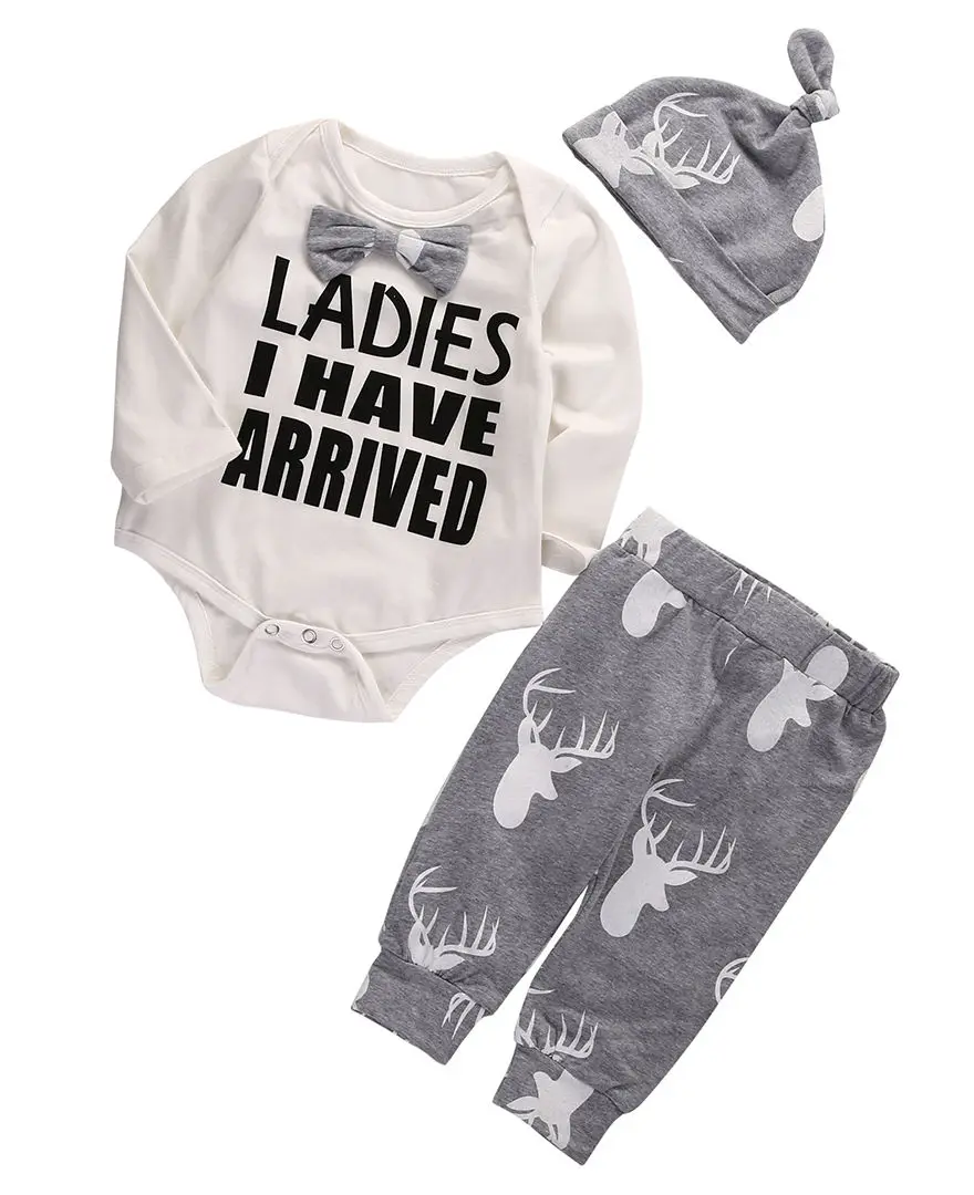 

Toddler Kids Baby Girl Boy Clothes Set Bowtie Romper Deer Long Pants Hat Casual XMAS 3pcs Outfits Set Clothing