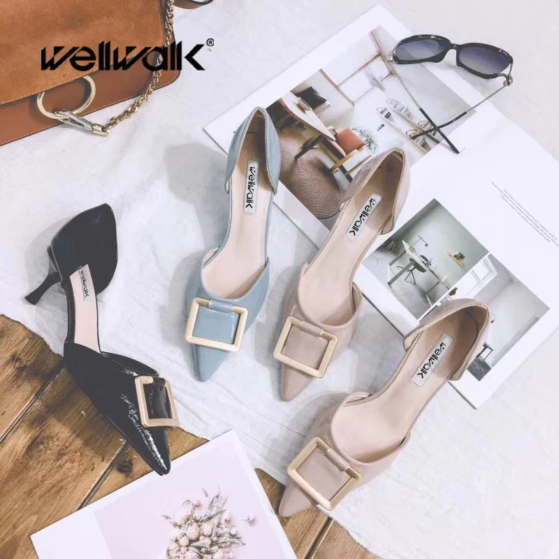 

Wellwalk Women Pumps Ladies Sandals High Heel 6CM Pointed Toe Metal Square Buckle Female Summer Dress Wedding Party Shoes