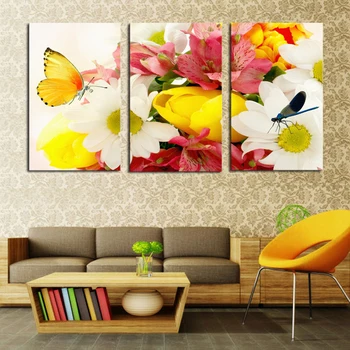 

3 Piece Colorful Flowers and Butterfly Modern Wall Picture Home Decor HD Art Print Painting On Canvas For Living Room Unframed