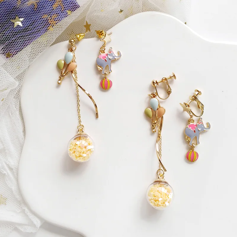 

Cute Asymmetrical hot air balloon Clip Earrings without Piercing Animals Elephant Clip On Earrings Non Pierced for Women Girls