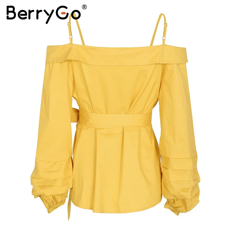 BerryGo женская блузка с открытыми плечами на лямках, рубашка с рюшами и рукавами-фонариками, белая женская блузка, уличная одежда, повседневный летний топ с поясом