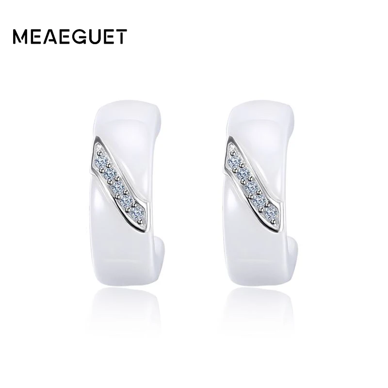 Meaeguet 925 Sterling Silver Cubic Zirconia Earrings For Women Elegant White Ceramic Stud Earrings Jewelry