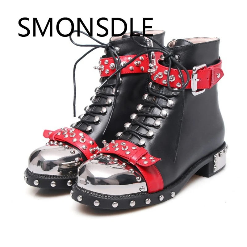 

2018 New Spring Autumn Short Boots Women Shoes Genuine Leather Metal Lace Up Women Ankle Boots Round Toe Low Heels Shoes Woman