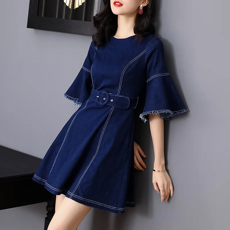 High Quality Denim Dress 2019 Spring Summer Casual Dress Women Color Block Stitching Flare Sleeve High Waist Blue Jeans Dress