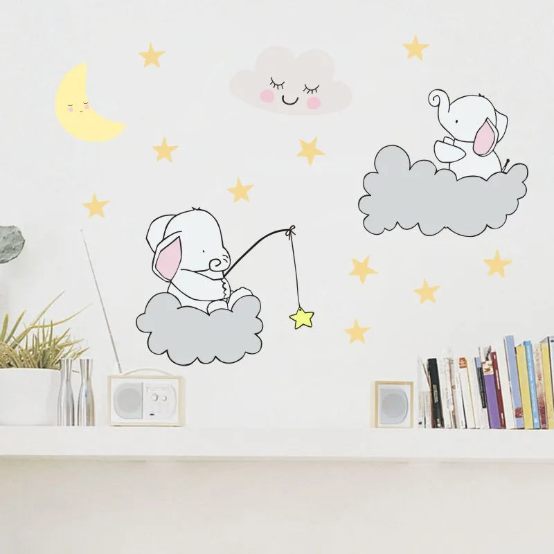 Милый слон и звезды облака наклейки на стену забавные мультяшные настенные наклейки с животными для детской комнаты детская спальня домашний декор JH2031