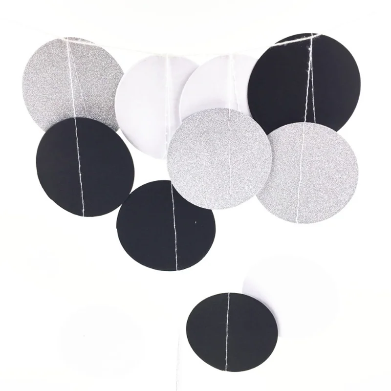 10 FT Black and Gold Glitter Circle Polka Dots Paper Garland Party Decor Banner 