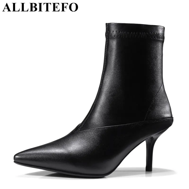 

ALLBITEFO fashion brand genuine leather +Elastic material pointed toe high heel women boots high quality office ladies shoes