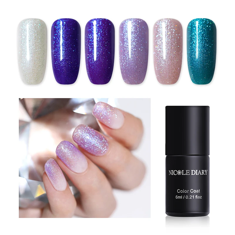 

NICOLE DIARY 6ml Holographic UV Gel Soak Off Sequins Glitter Sparkle UV LED Gel Purple Colorful Nail Art Gel Polish Lacquer