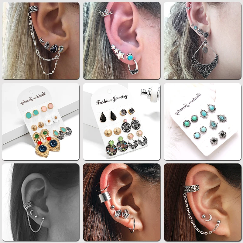 

SHUANR 4Pairs /Set Boho Arrow Cross Moon Flower Gem Silver Earrings Set Women Punk Stud Earrings Set Personality Party Jewelry
