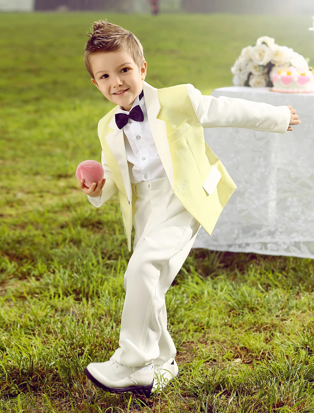 Four Pieces Luxurious formal yellow and white boys suits Ring Bearer Suits kids Tuxedo With Black