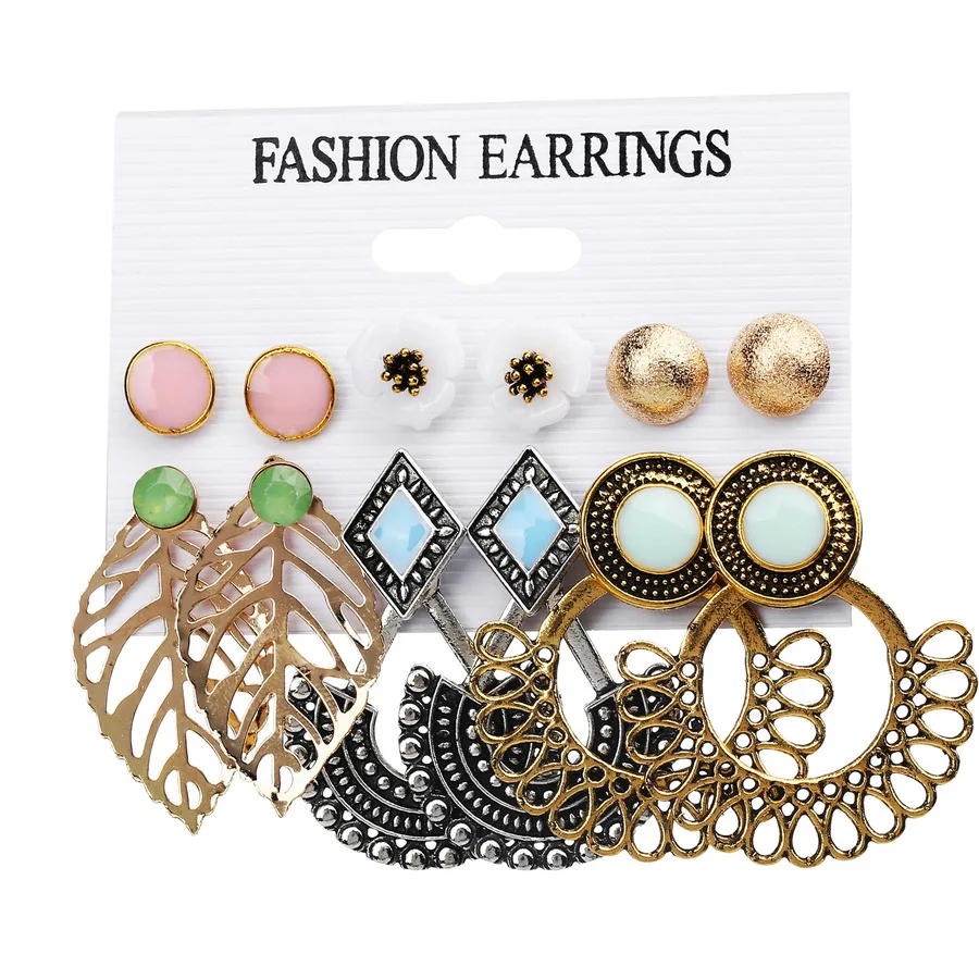 

Vintage Stud Earrings Set Mixed for Women Bohemian Gold Color Leaf Flower Stone Statement Hang Brincos Jewelry