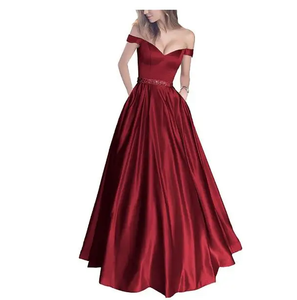 Новинка года; платья с открытым плечом; длинное атласное вечернее платье трапециевидной формы с бисером; vestido de festa - Цвет: Burgundy