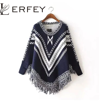 

Women Autumn Winter Sweater Knitted Batwing Tassel Pullover Sweaters Tops Knitwears Womens Capes and Ponchos Womens Clothings
