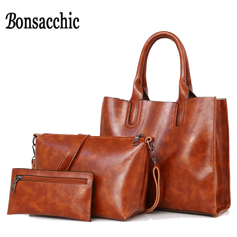 Bonsacchic 3 pcs الأعلى مقبض حقائب جلدية حقيبة يد نسائية مجموعة الأحمر يد للنساء Crossbody حقيبة حقائب سيدات مخلب محفظة