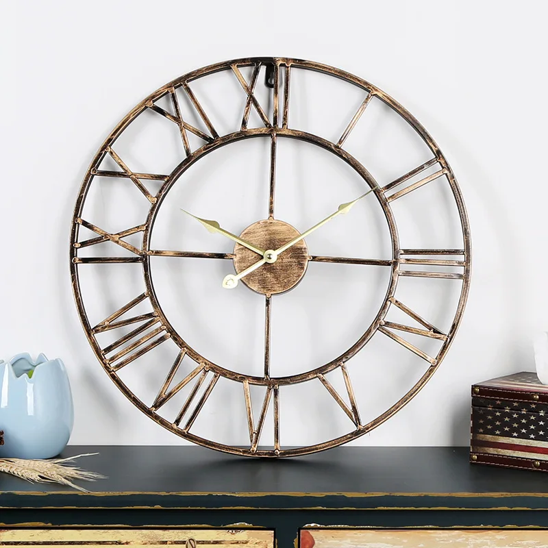 

Creative clock living room round hollowed big clock cafe bar iron metal European and American clock shabby chic wall clock