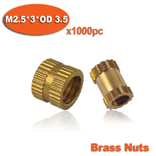 1000pcs M2.5 x 3mm x OD 3.5mm Injection Molding Brass Knurled Thread