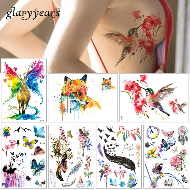 Glaryyears Sheet Watercolor Drawing Body Tattoo Feather Fox Body Decal Temporary Tattoo Sticker Glaryyears Sheet Watercolor Drawing Body Tattoo Feather Fox Body Decal Temporary Tattoo Sticker