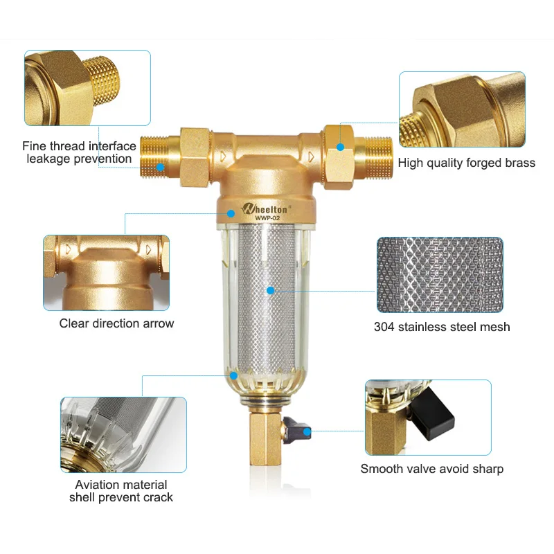 Фильтр для предварительной очистки воды Wheelton(WWP-02S), два стеклоочистителя, евро-стандарт, латунь, 30 лет, очиститель lifitime, подарит вашей семье хорошее здоровье