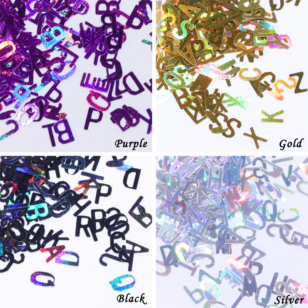 5 шт./лот, лазерные блестки для дизайна ногтей, с блестками, буквенный алфавит, дизайн, розовый, фиолетовый, ABC, блестящие наконечники для самодельные Украшения для ногтей, инструменты LA655
