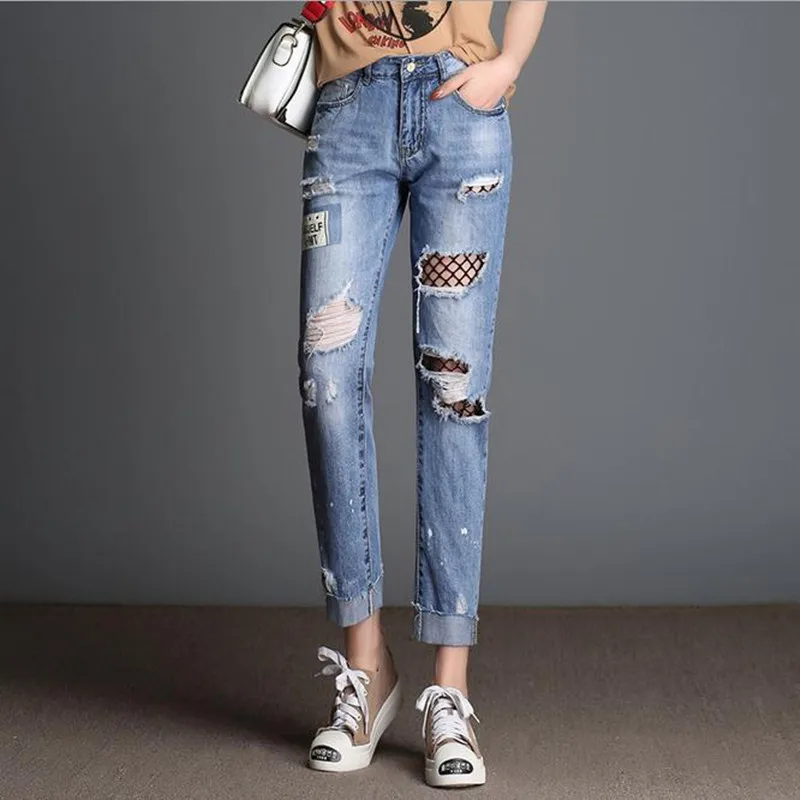 

2017 spring and summer bf style Mesh grid broken hole jeans Female loose women nine points pants Big size plus fat casual jeans