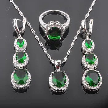 

Classic Green Zirconia Women's Fashion Jewelry Sets Silver Color Pendant Necklace And Earrings Rings Set QZ0120