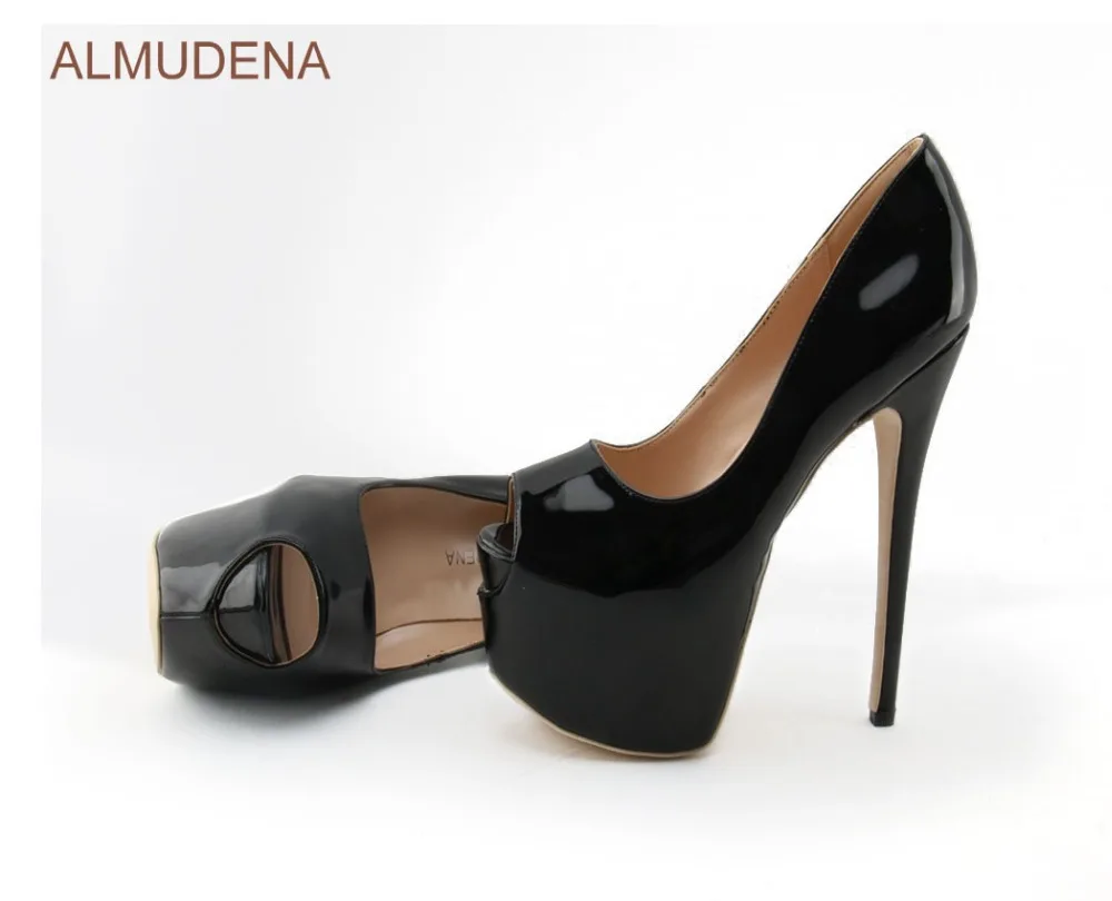 ALMUDENA/фантастические туфли из лакированной кожи телесного и черного цвета на очень высоком каблуке; свадебные туфли на каблуке 16 см; туфли на платформе с открытым носком на шпильках
