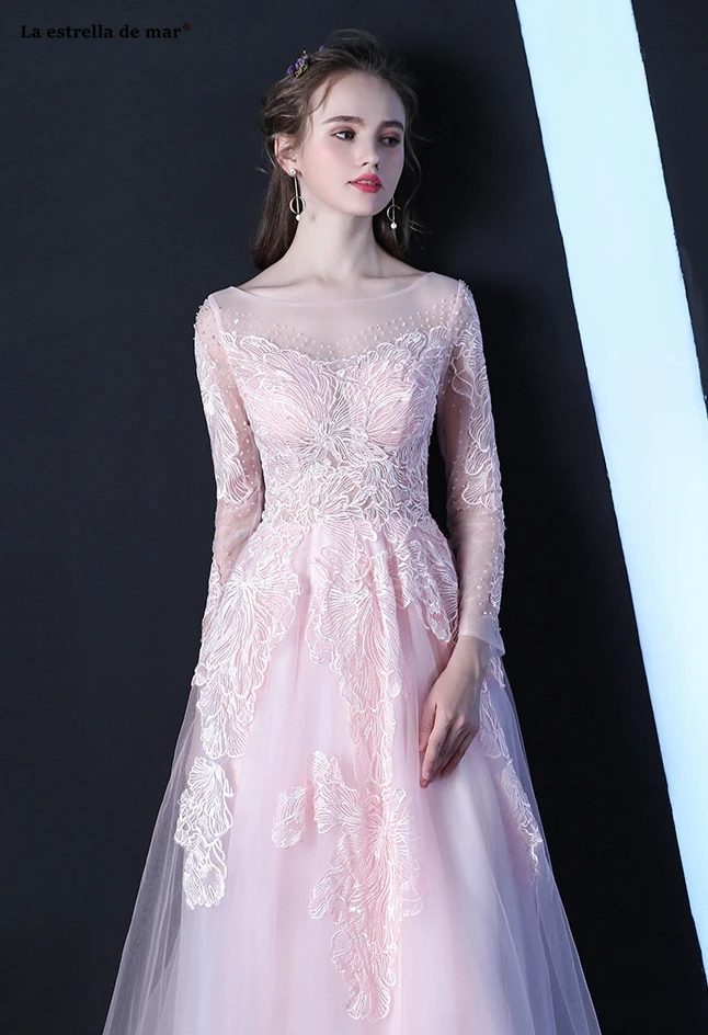 Vestido de fiesta para boda2019 Новый из кружева, с вырезом на шее Кристалл Длинные рукава линия розовое платье подружки невесты длина brautjungfernkleid