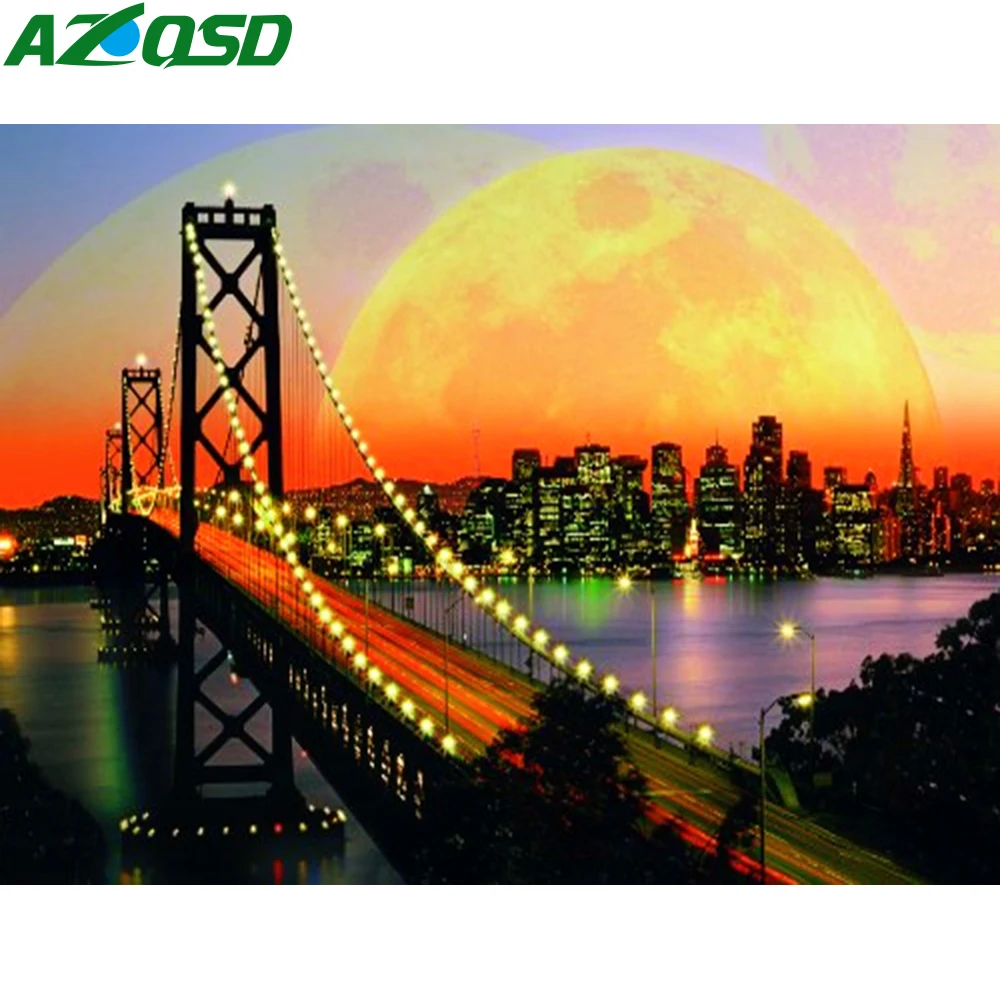 

AZQSD Diamond Embroidery Bridge Diamond Painting City Night Scenery DIY Full Square Rhinestone Diamond Mosaic Home Decoration