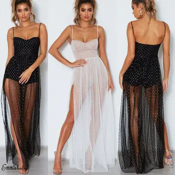 

Women Sexy High Split Sleeveless Boho Dress Lady Evening Party Beach Maxi Dress Summer Sexy Lady Evening Cocktail Party