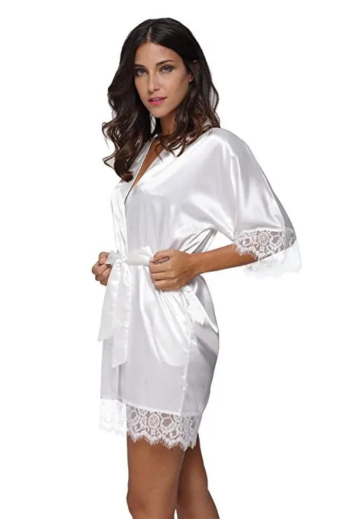 Sexy Bridesmaid Short Satin Bride Robe Lace Kimono Women Wedding Sleepwear Summer Female Bathrobe Lingerie Clothes Home Femme L3