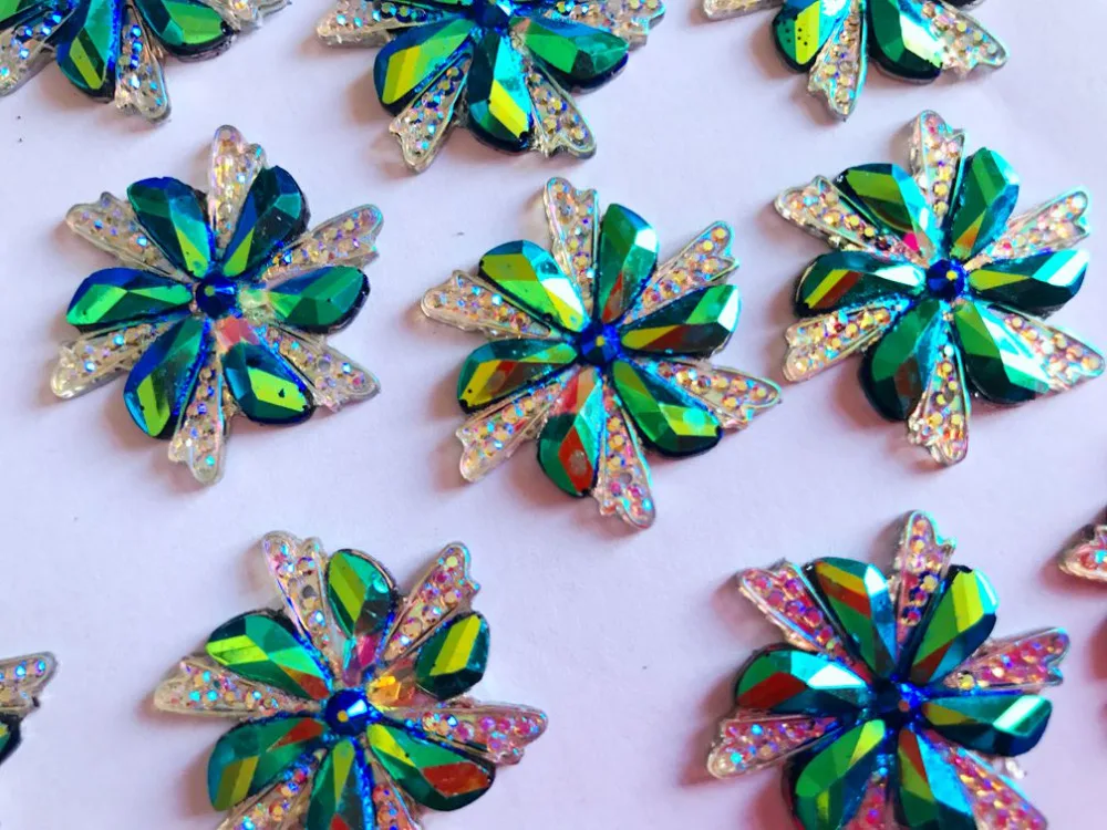 30pcs 30mm green/AB colour sew on rhinestones resin gemstone hang